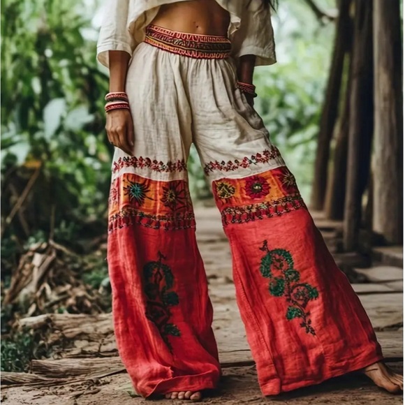 Bohemian Embroidered Wide-Leg Pants - Red and White - Picture 2 of 3